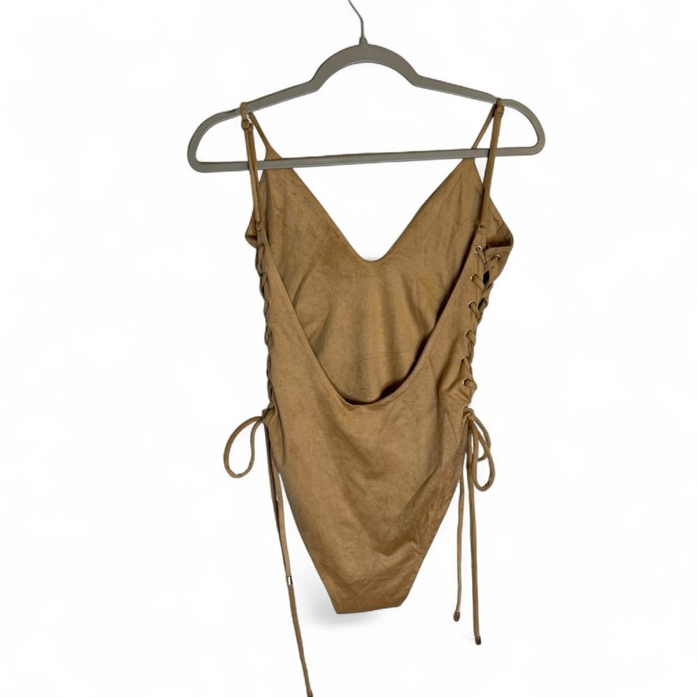 NWT Olivaceous Tan Faux Suede Side Lace Baddie Festival Party Bodysuit, Size L. - Picture 2 of 4